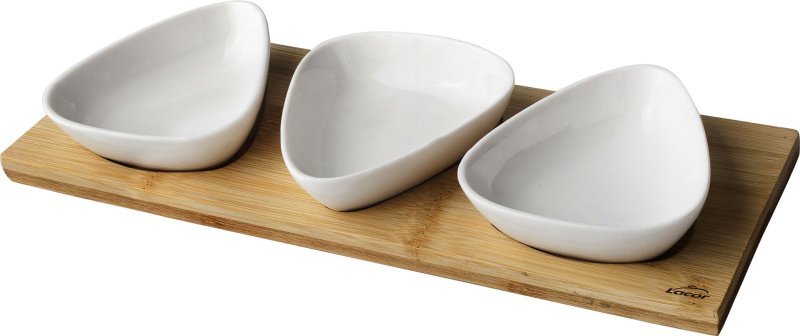 Serviertablett mit 3 Porzellanschälchen, tropfenförmig (2)